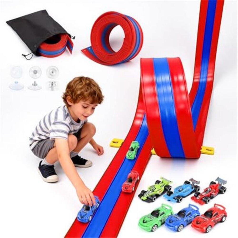 Triple-Lane Flexible Race Track for Kids - 16.4ft Suction Cup Gravity Ramp